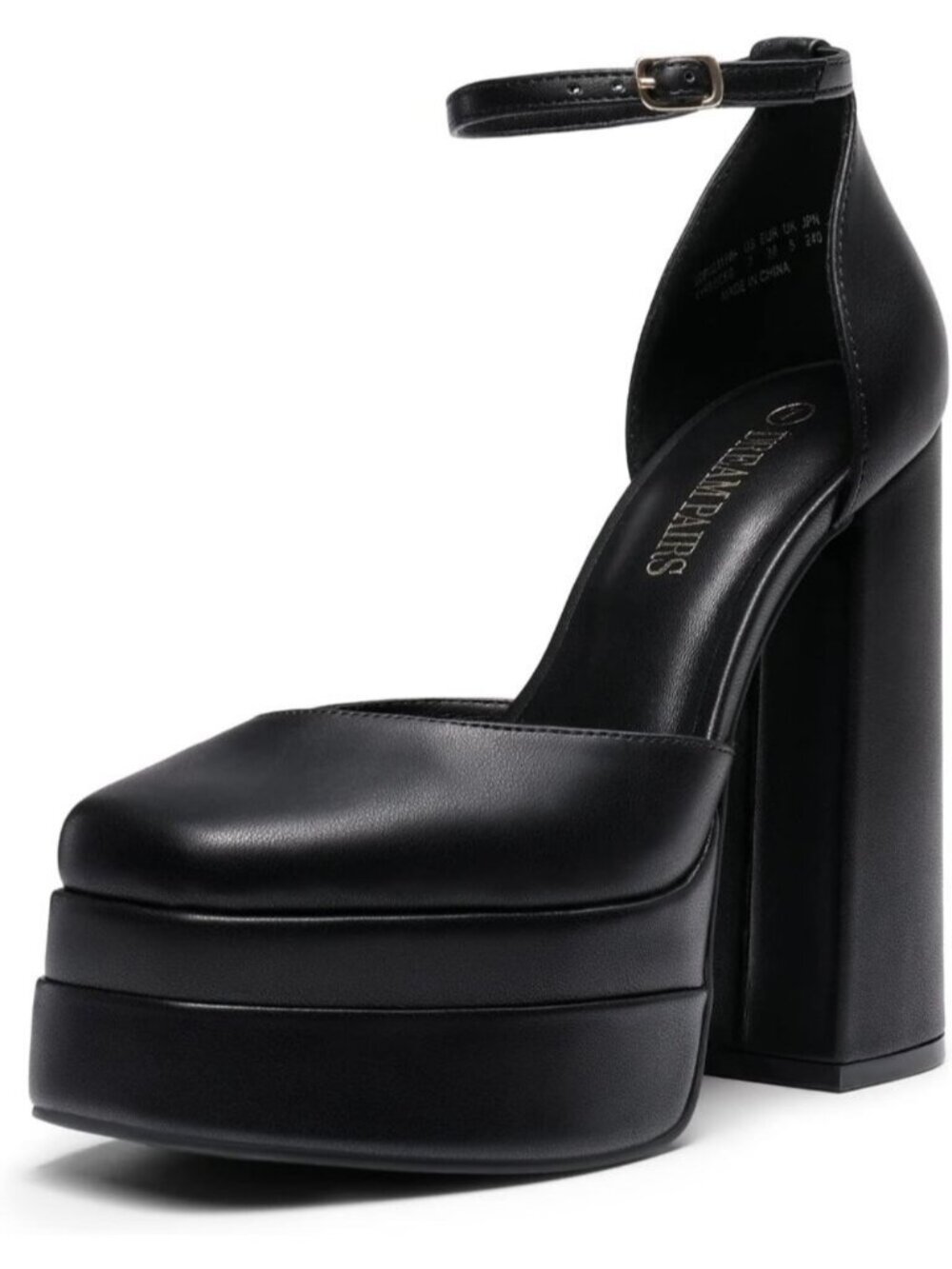 Women's Black Square Closed Toe Ankle Strap Buckle Dress High Platform Heels